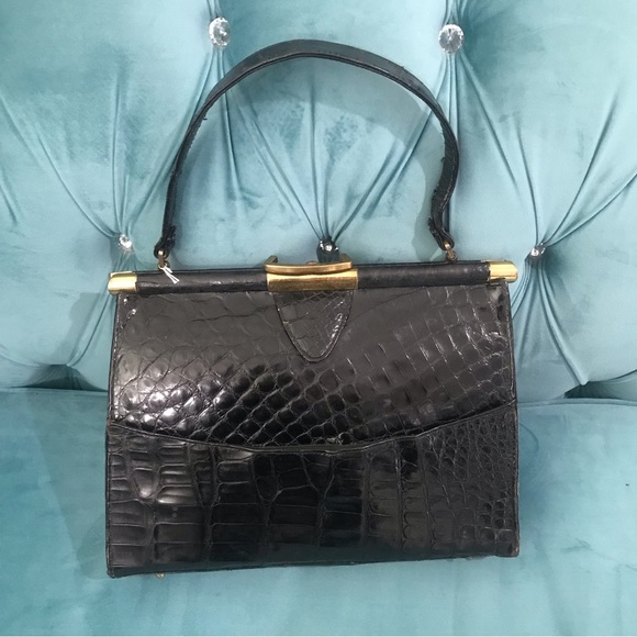 Vintage Alligator Skin Swagger  black Handbag - Picture 7 of 16